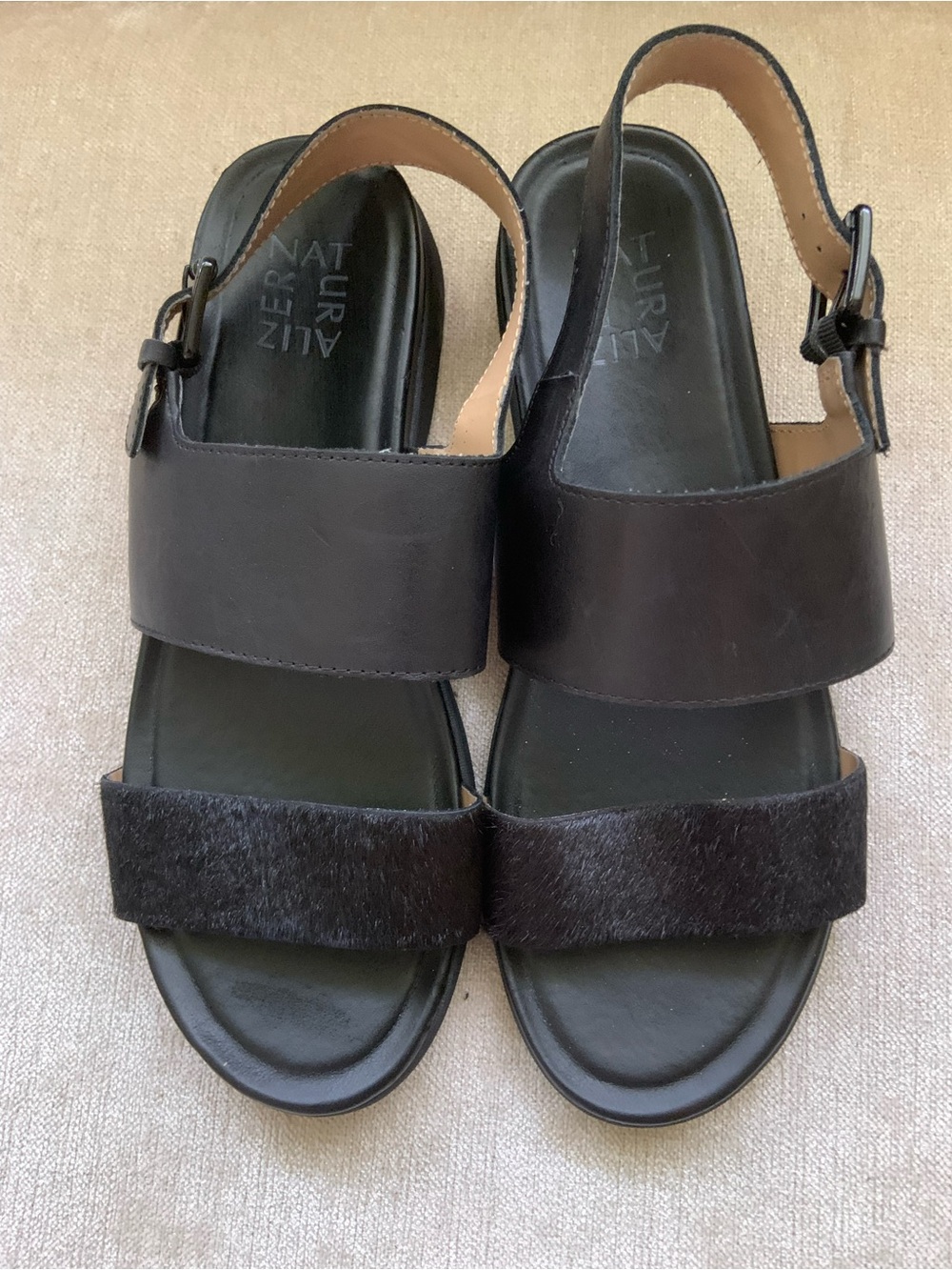 Naturalizer Black Leather & Haircalf Slingback Sandals